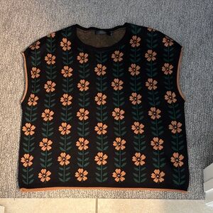 Sleeveless Floral Knit Tee - Black with Orange Flowers